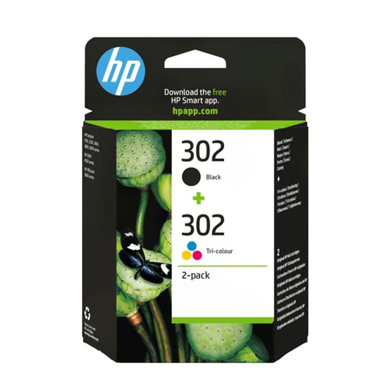 HP 302 2-pack Black/Tri-colour Original s Sort, Cyan, Magenta, Gul 170 sider Blæk