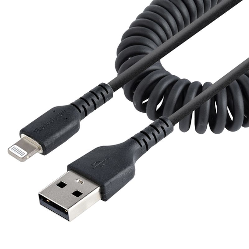 StarTech.com 1m (3ft) USB to Lightning Cable, MFi Certified, Coiled iPhone Charger Cable, Black, Durable and Flexible TPE Jacket Aramid Fiber, Heavy Duty Coil Charging Cable - Rugged USB Lightning Cable Lightning-kabel 1m Sort