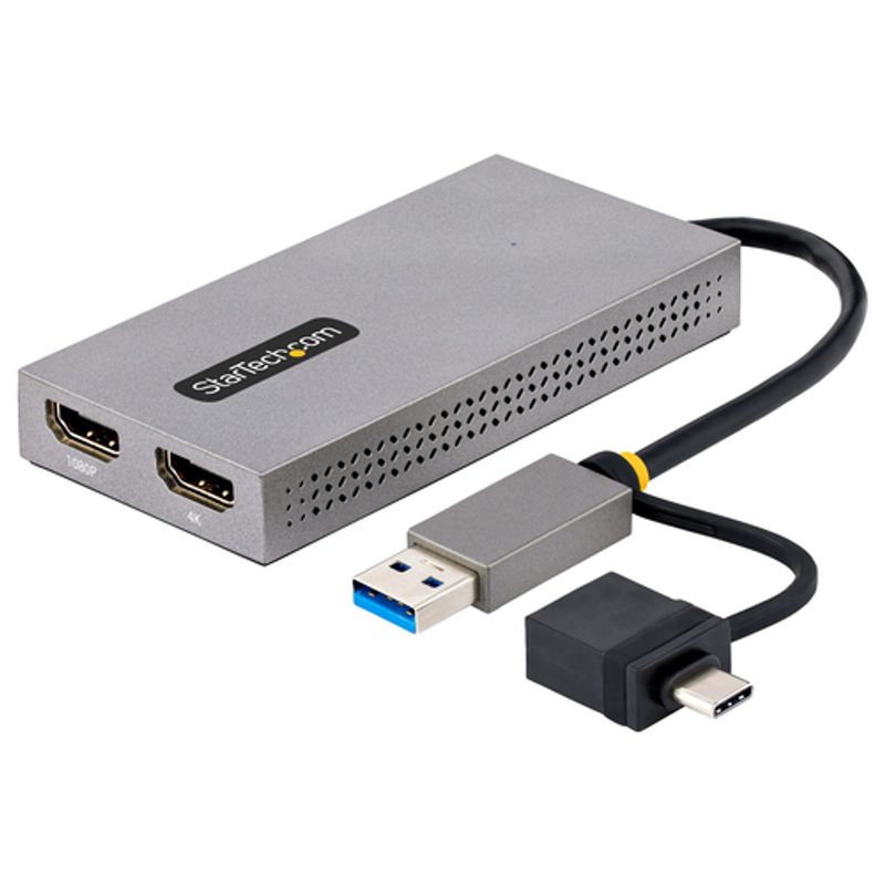 StarTech.com USB to Dual HDMI Adapter, USB A/C to 2x HDMI Monitors (1x 4K 30Hz, 1x 1080p), Integrated USB-A to C Dongle, 4in/11cm Cable, Windows & macOS - USB 3.0 to HDMI Multi-Monitor Display Adapter for Laptop (107B-USB-HDMI) Videoadapter Grå