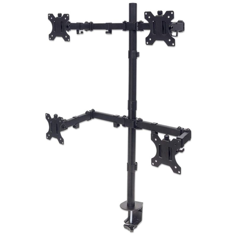 Manhattan TV & Monitor Mount, Desk, Double-Link Arms, 4 screens, Screen Sizes 10-27, Black, Stand or Clamp Assembly, Quad Screens, VESA 75x75 to 100x100mm, Max 8kg (each), Lifetime Warranty