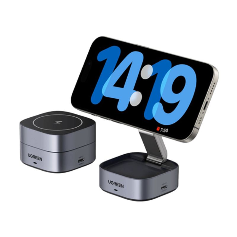 Ladowarka indukcyjna Qi 2w1 Ugreen W256 do iPhone, AirPods, 20W (czarna) + kabel USB-C do USB-C 1m