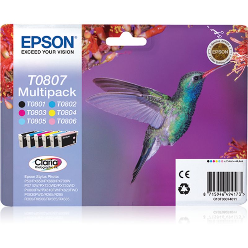 Epson T0807 Multipack Sort Gul Cyan Magenta Lys magenta Lys cyan Blæk C13T08074021